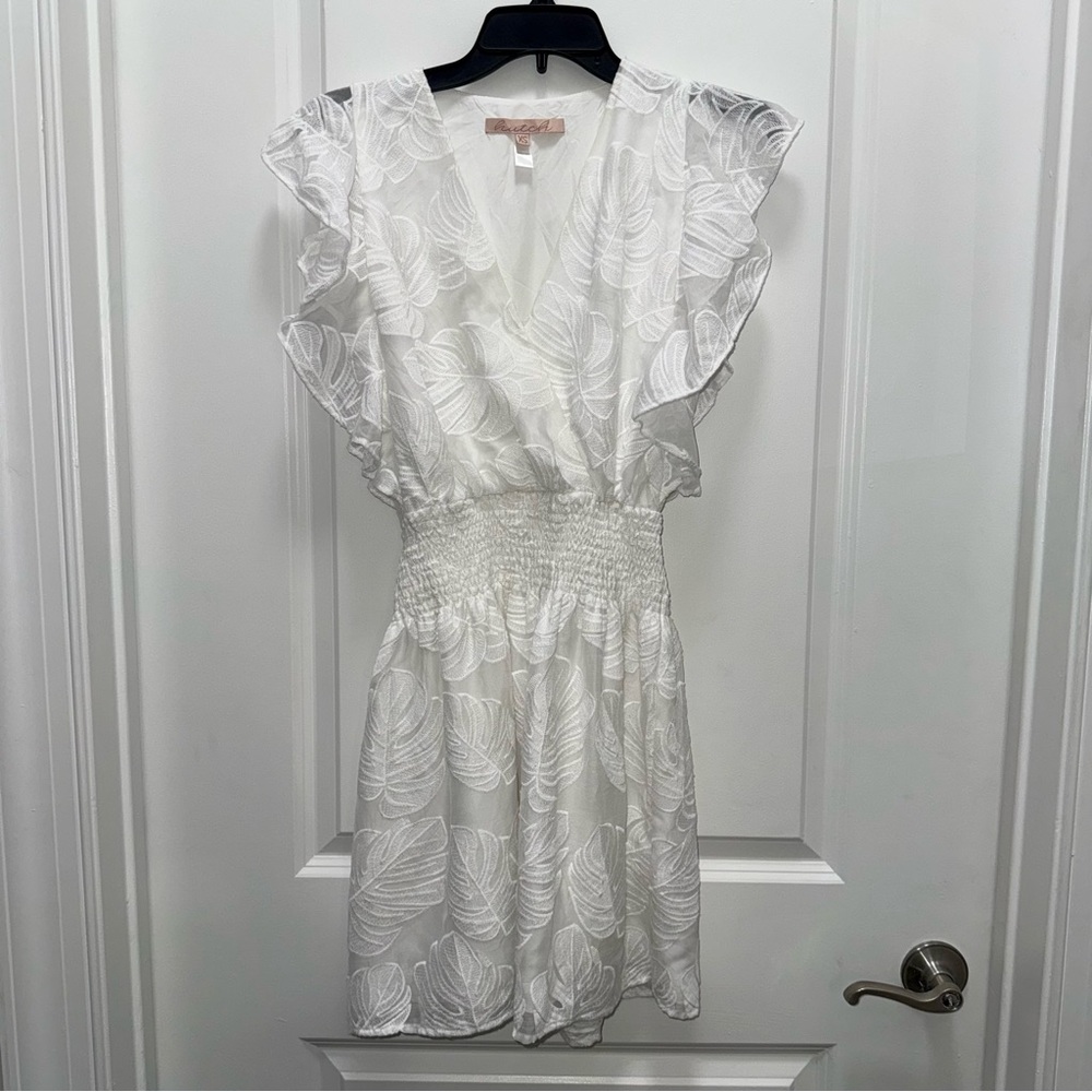 Hutch White Leaf Pattern Ruffle Sleeve Mini Dress